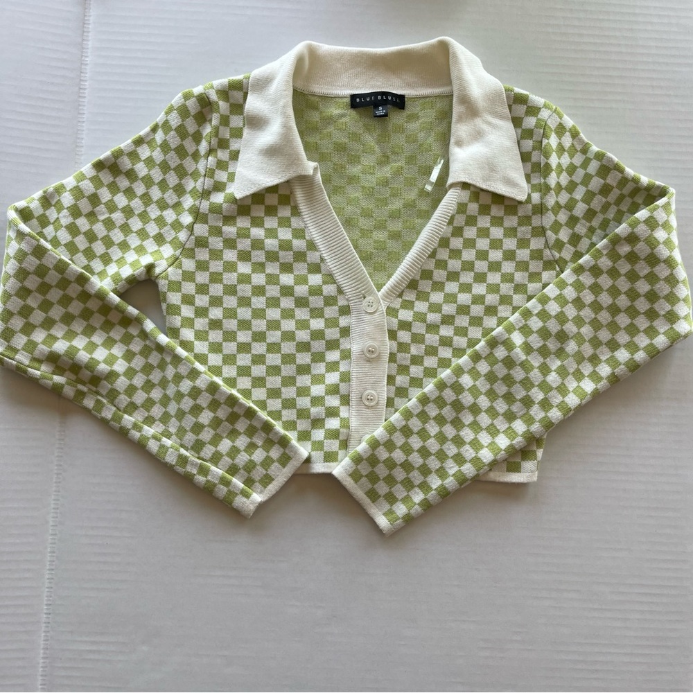 Tara Long Sleeve Checkered Cropped Cardigan Small . - Picture 8 of 11